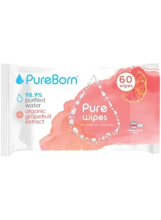 PureBorn Organic Natural Cotton Pure Baby Wet Wipes With Grapefruit Extract 12 x 60 Wipes - Image 2