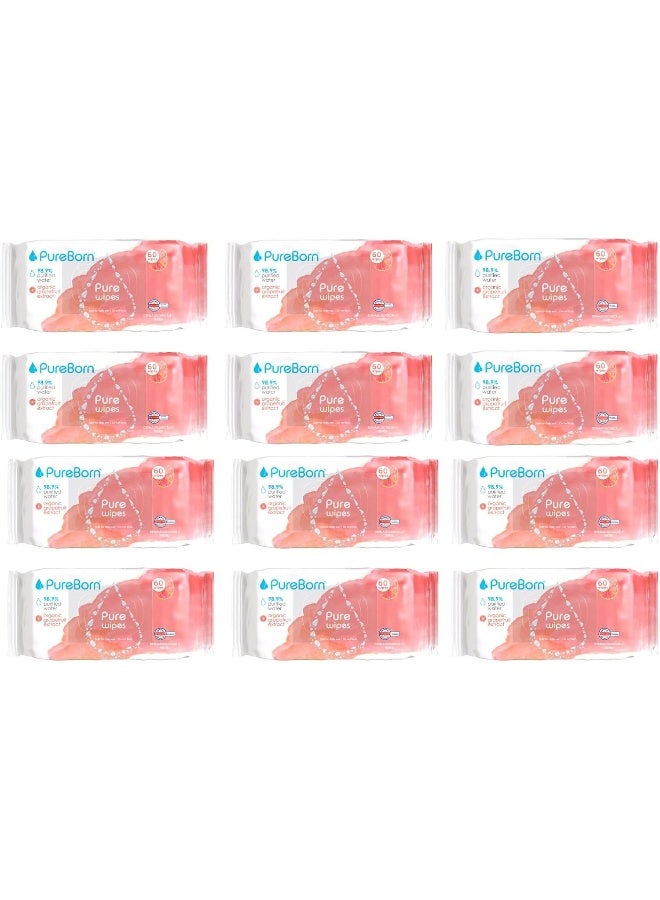 PureBorn Organic Natural Cotton Pure Baby Wet Wipes With Grapefruit Extract 12 x 60 Wipes - Image 1