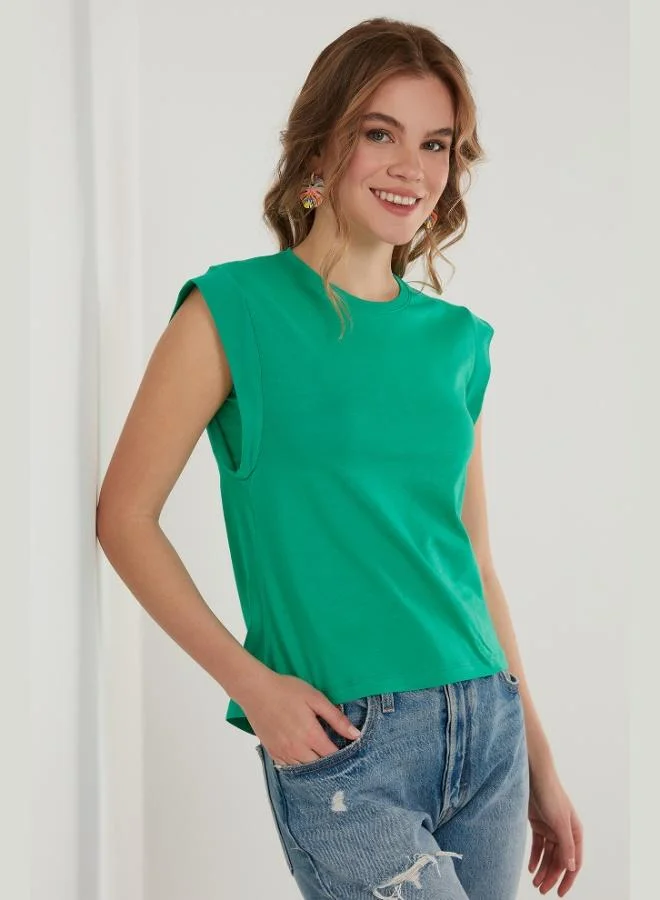 ليلا تيشيرت نسائي قطني أساسي بدون أكمام بياقة دائرية