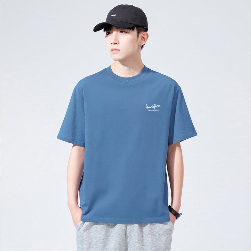 تي شيرت رجالي بأكمام قصيرة صيفي فضفاض يناسب جميع الأوقات تي شيرت بأكمام نصفية قميص عصرية للطلاب عبر الحدود باللون الأزرق [A6] - Image 1