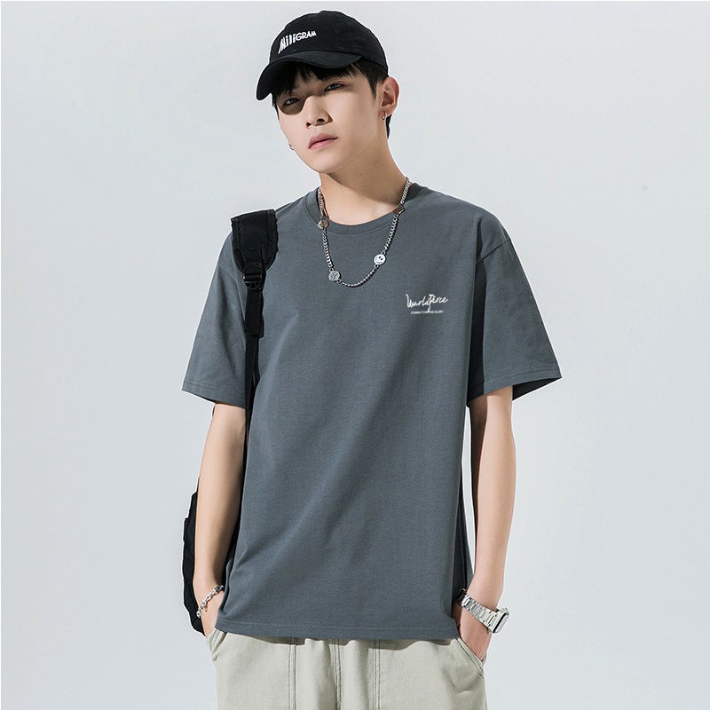 تي شيرت رجالي بأكمام قصيرة صيفي فضفاض يناسب جميع الأوقات تي شيرت بأكمام نصفية قميص عصرية للطلاب عبر الحدود باللون الأزرق [A6] - Image 4