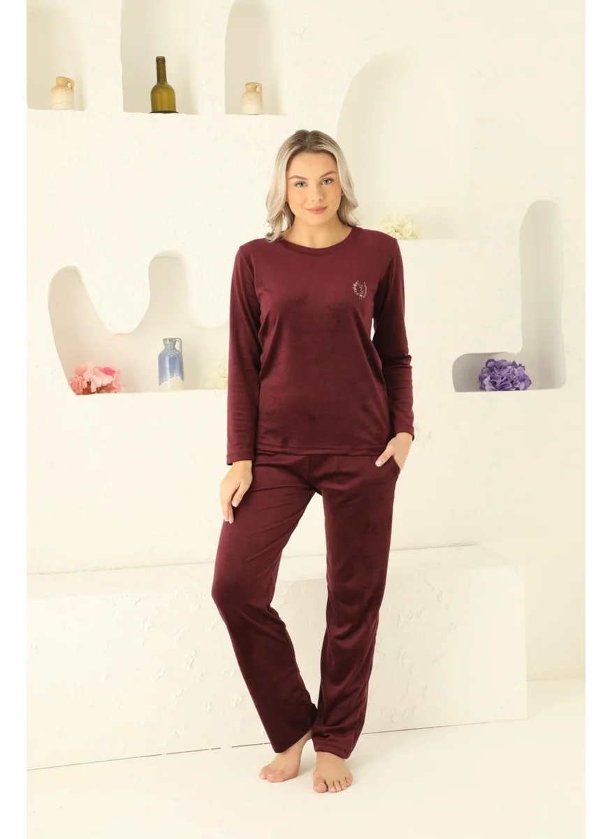 Bie'S Women's Crew Neck Silky Velvet Winter Long Sleeve Pocket Pajama Set