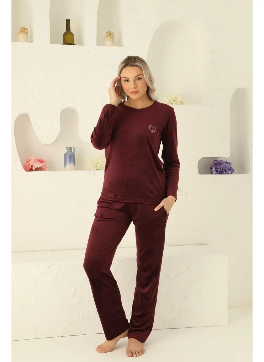 Bie'S Women's Crew Neck Silky Velvet Winter Long Sleeve Pocket Pajama Set