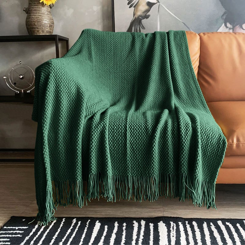 LOMAO Knitted Throw Blanket with Tassels Bubble Textured Lightweight Throws for Couch Cover Home Decor Green 50x60