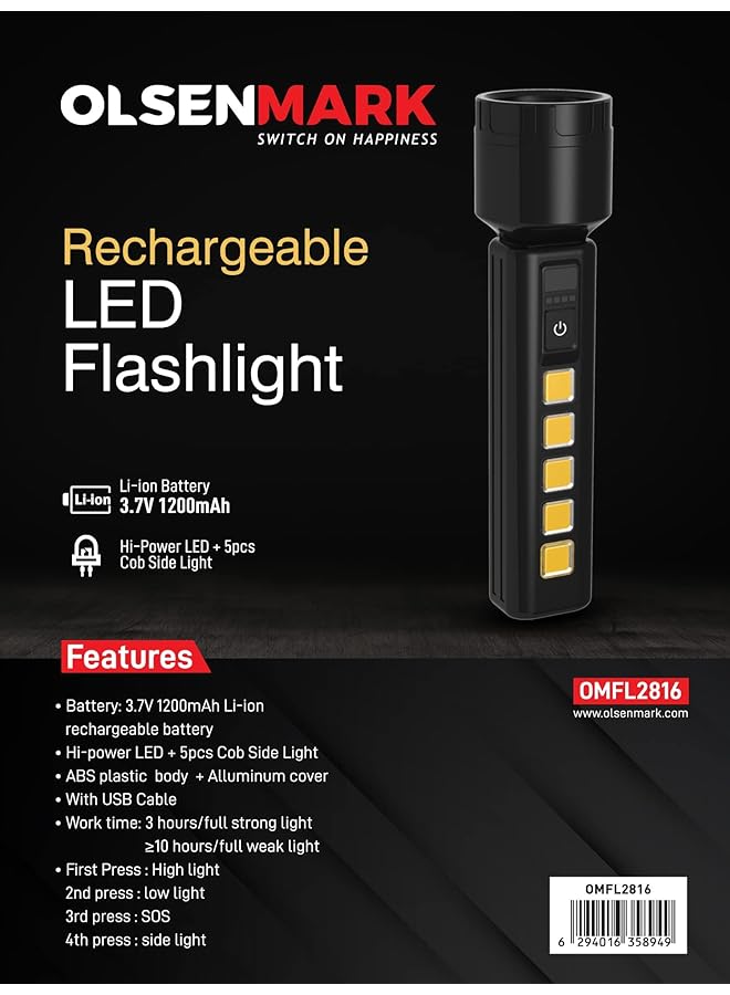 Olsenmark OMFL2816 Rechargeable LED Flashlight 3.7V 1200mAh Rechargeable Li Ion Battery - Image 2