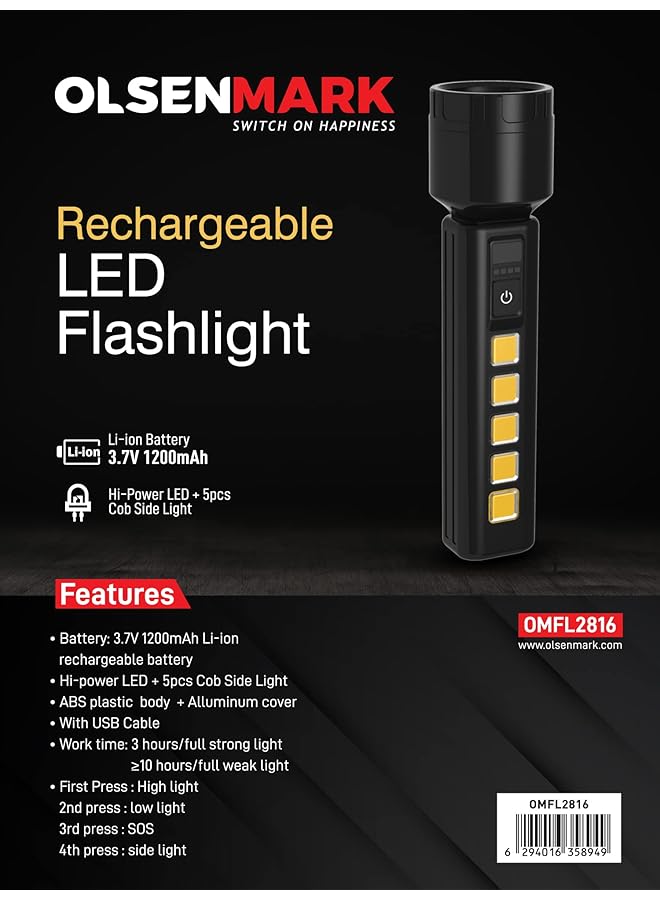Olsenmark OMFL2816 Rechargeable LED Flashlight 3.7V 1200mAh Rechargeable Li Ion Battery - Image 4