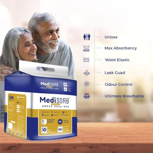 MediSORB Adult Diaper Pants | Double XL (2XL) |Waist 152-205 cm (60-80 inches) |High Absorbency -15 Hrs |Rash-Free |Leakproof |Breathable |Odourless |Elastic Waist |Men & Women | 10 Units, Pack of 1 - Image 3