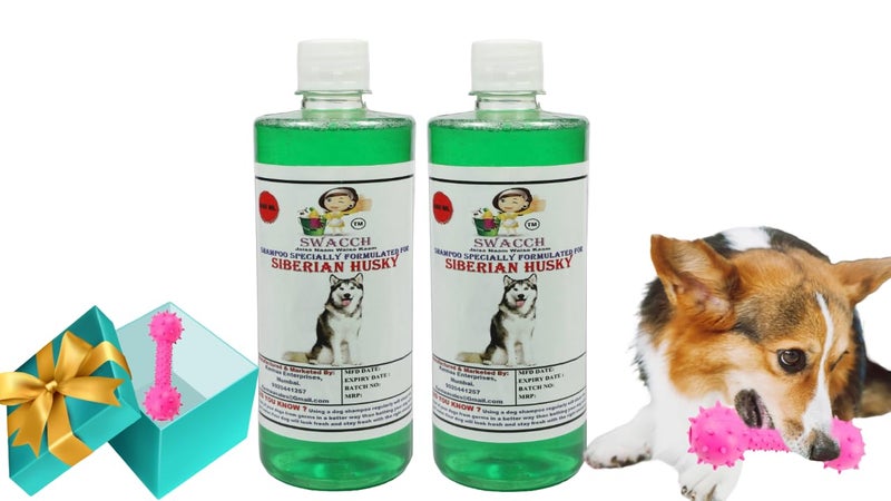 swacch Siberian Husky Dog Shampoo + Dumbbell Toy I Durable Rubber Dog Toy for Chewing I Playing,Teeth Cleaning & Training Toy I Combo Pack I 500ml Pack of 2 Neem Alovera - Image 1