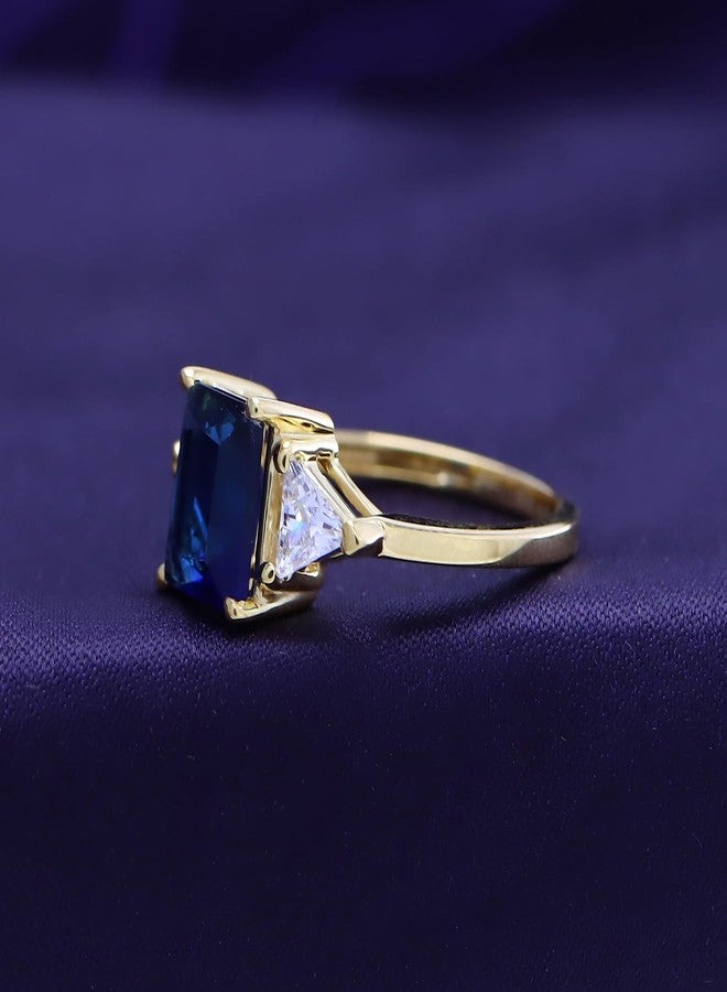 AFFY 3 Stone Rings for Women Center 8X6MM Emerald Cut Simulated Blue Sapphire with White Topaz Statement Promise Ring in 14K Yellow Gold Plated 925 Sterling Silver Jewelry Gift for Her Size-9 - Image 3