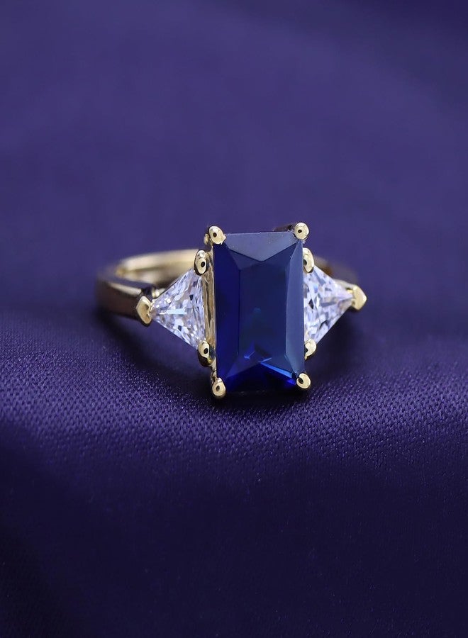 AFFY 3 Stone Rings for Women Center 8X6MM Emerald Cut Simulated Blue Sapphire with White Topaz Statement Promise Ring in 14K Yellow Gold Plated 925 Sterling Silver Jewelry Gift for Her Size-9 - Image 2