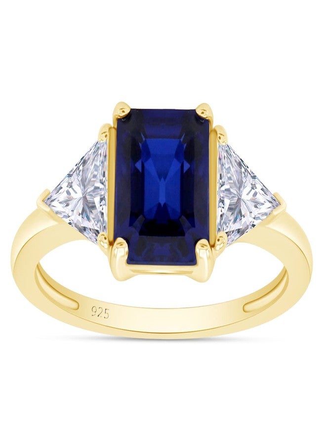 AFFY 3 Stone Rings for Women Center 8X6MM Emerald Cut Simulated Blue Sapphire with White Topaz Statement Promise Ring in 14K Yellow Gold Plated 925 Sterling Silver Jewelry Gift for Her Size-9 - Image 1