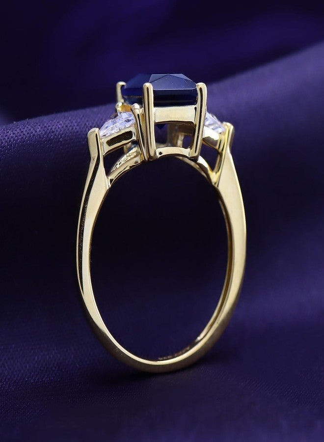 AFFY 3 Stone Rings for Women Center 8X6MM Emerald Cut Simulated Blue Sapphire with White Topaz Statement Promise Ring in 14K Yellow Gold Plated 925 Sterling Silver Jewelry Gift for Her Size-9 - Image 4