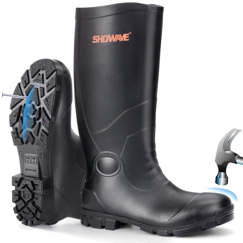 Showave Steel Toe Rubber Work Boots for Men Waterproof Durable Concrete Boots for Hunting Manufacturing Construction(Steel-Toe Black 11) - Image 1