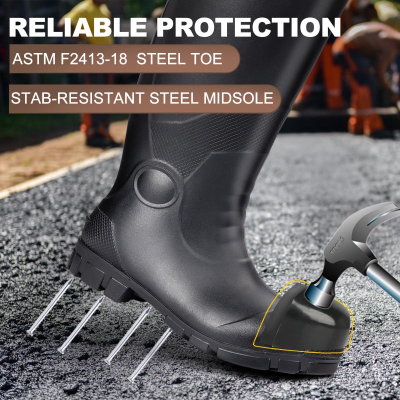 Showave Steel Toe Rubber Work Boots for Men Waterproof Durable Concrete Boots for Hunting Manufacturing Construction(Steel-Toe Black 11) - Image 4