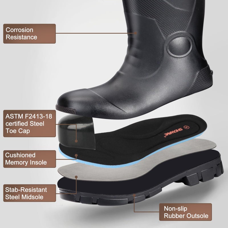 Showave Steel Toe Rubber Work Boots for Men Waterproof Durable Concrete Boots for Hunting Manufacturing Construction(Steel-Toe Black 11) - Image 5