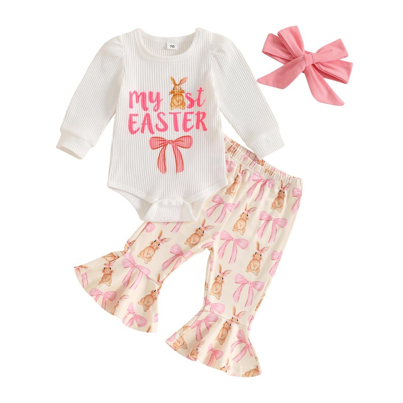 YINGISFITM Easter Baby Girl Outfit My First Easter Bunny Onesie Romper Bell Bottoms Pants Newborn Easter Clothes - Image 1