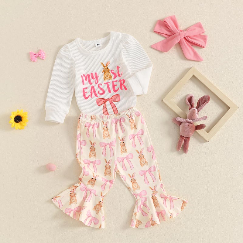YINGISFITM Easter Baby Girl Outfit My First Easter Bunny Onesie Romper Bell Bottoms Pants Newborn Easter Clothes - Image 3