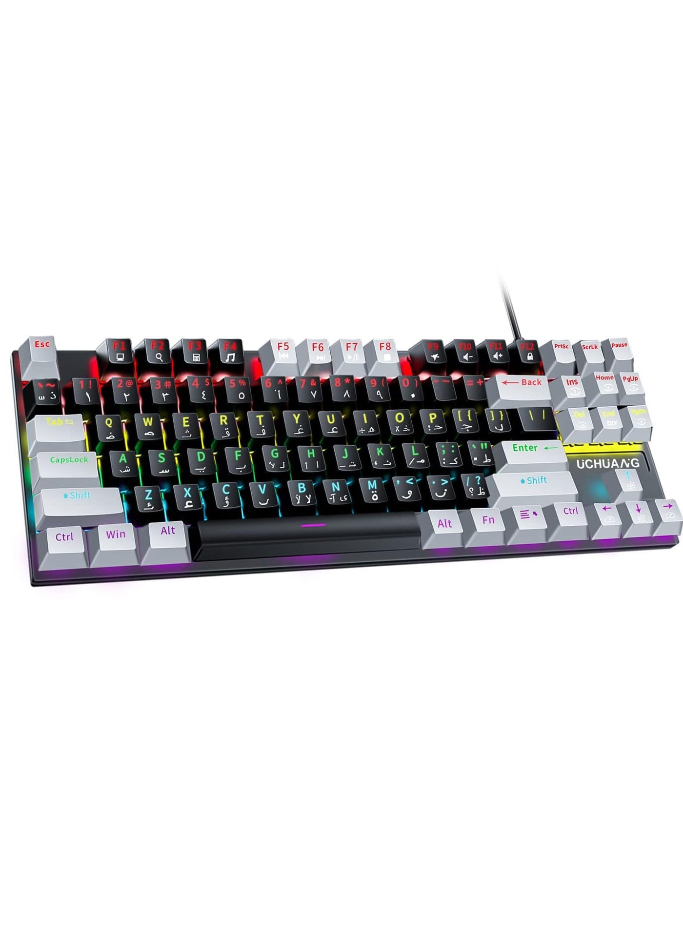 English Arabic Mechanical Gaming Keyboard with RGB LED Rainbow Backlit, Quick Response USB Wired Waterproof 87 Keys Keyboard for Windows/MacOS/Android PC Gamers - Black Gray/Blue Switch