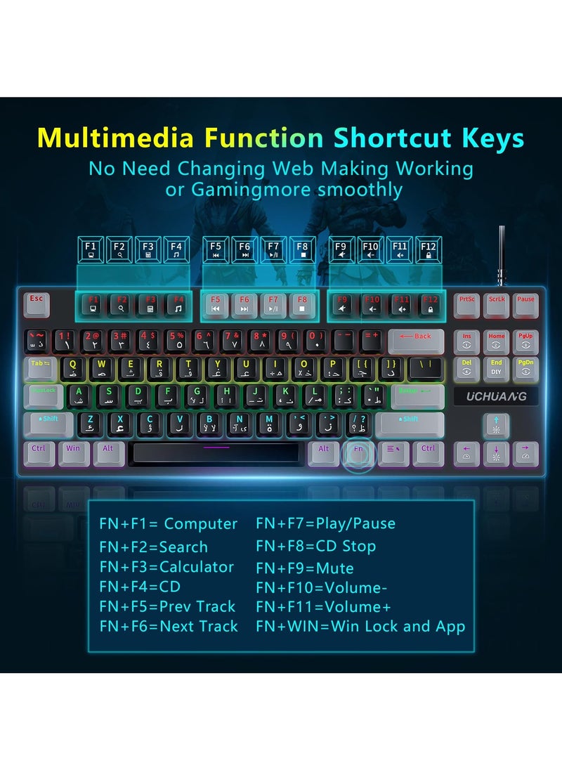INFOSUN English Arabic Mechanical Gaming Keyboard with RGB LED Rainbow Backlit, Quick Response USB Wired Waterproof 87 Keys Keyboard for Windows/MacOS/Android PC Gamers - Black Gray/Blue Switch  - Image 4