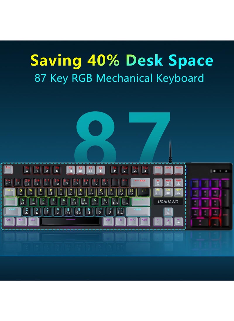 English Arabic Mechanical Gaming Keyboard with RGB LED Rainbow Backlit, Quick Response USB Wired Waterproof 87 Keys Keyboard for Windows/MacOS/Android PC Gamers - Black Gray/Blue Switch