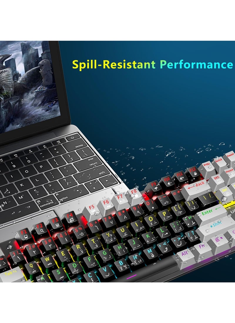 English Arabic Mechanical Gaming Keyboard with RGB LED Rainbow Backlit, Quick Response USB Wired Waterproof 87 Keys Keyboard for Windows/MacOS/Android PC Gamers - Black Gray/Blue Switch