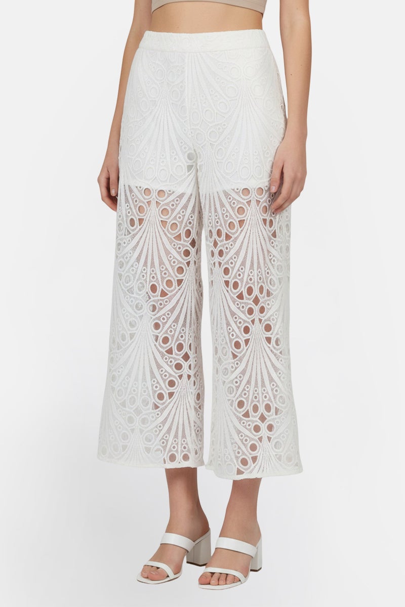 PINKO Women Regular Fit Eyelet Wide Leg Pants, White - Image 1