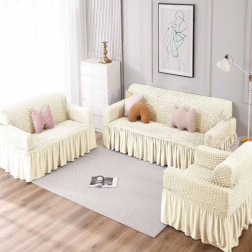 B BESTILO Turkish Bubble Sofa Cover 3 Seater and 2 Seater Fully Covered 5 Seater Sofa Cover Non-Slip Sticky Elastic Stretchable Sofa Set Imported Slipcover Protector (3+1+1 Seater) (Cream) - Image 2
