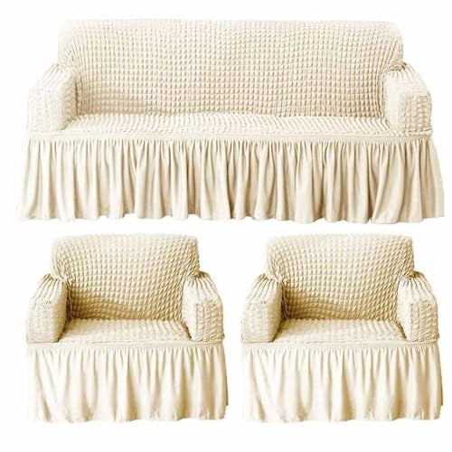 B BESTILO Turkish Bubble Sofa Cover 3 Seater and 2 Seater Fully Covered 5 Seater Sofa Cover Non-Slip Sticky Elastic Stretchable Sofa Set Imported Slipcover Protector (3+1+1 Seater) (Cream) - Image 1