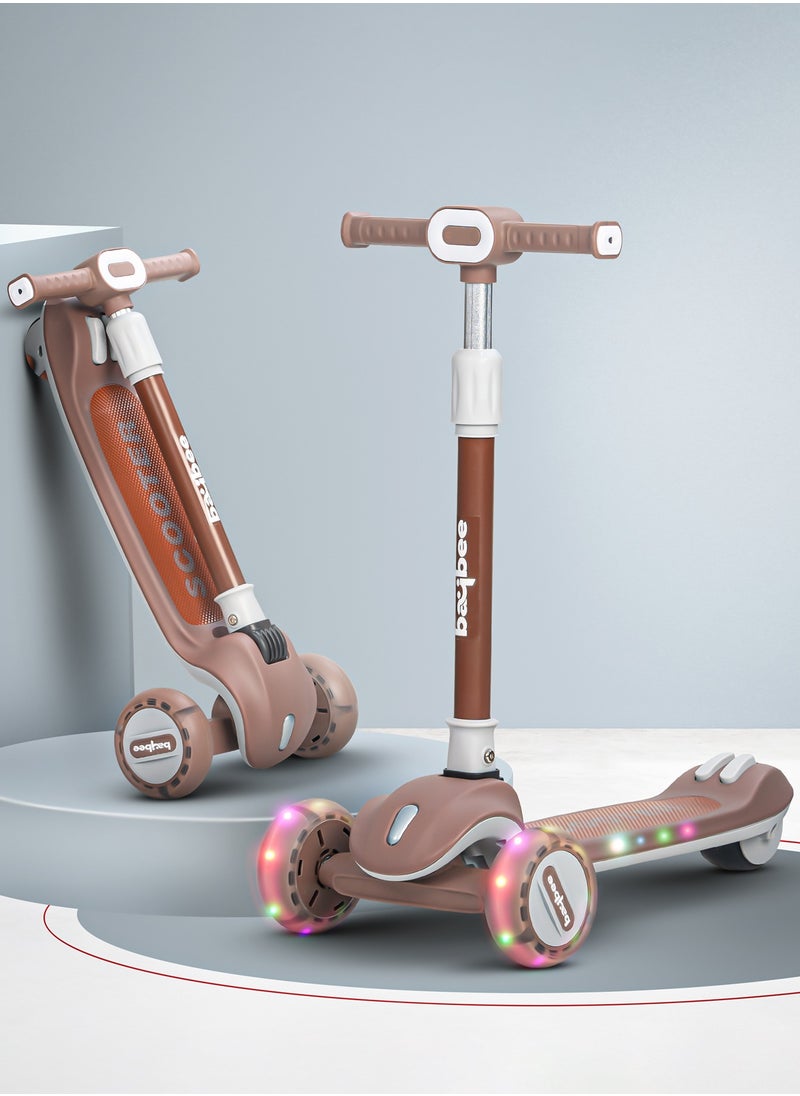 BAYBEE Baybee Cruze Skate Scooter for Kids 3 Wheel Kids Scooter with 3 Height Adjustable Baby Scooter with LED PU Wheels, Light & Music Kick Scooter for Baby Scooter for Kids 3 to 8 Years Boy Girl Brown  - Image 1