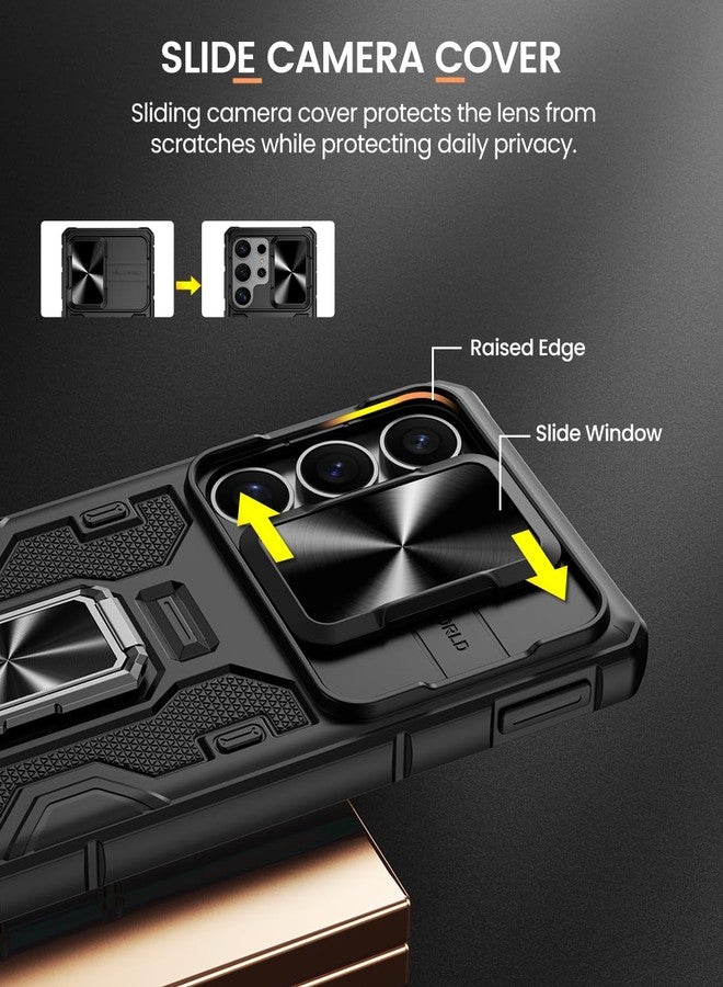 Caka جراب Caka لهاتف Galaxy S25 Ultra مزود بمشبك حزام، وحافظة، وحامل، وغطاء كاميرا منزلق، وحلقة دوارة مدمجة بزاوية 360 درجة، جراب حماية مغناطيسي لهاتف Galaxy S25 Ultra 2025، أسود - Image 4