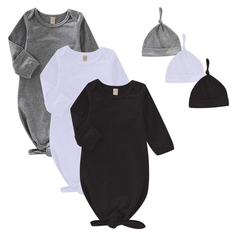 OPAWO Unisex Newborn Baby 3Pack Cotton Knotted Gowns with Mitten Cuffs and Matching Hat for Boys GirlsBlackWhiteGray03 Months