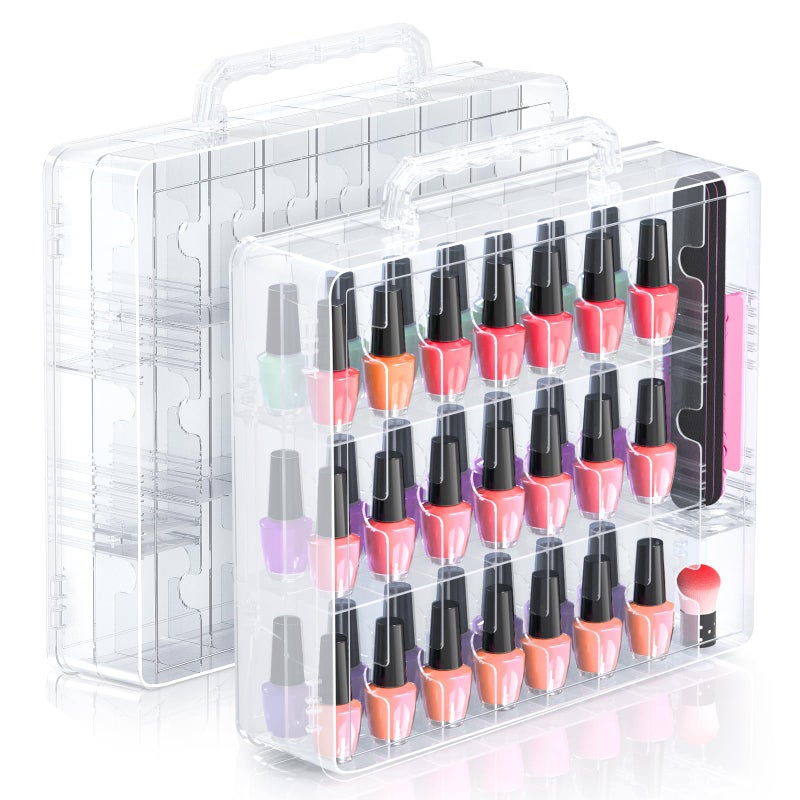 Beloving 2pcs Nail Polish Organizer Portable 48 Bottles Clear Nail Polish Holder with Adjustable Divider Gel Nail Polish Storage Double Side Nail Polish Organizer Case for Nail Tech