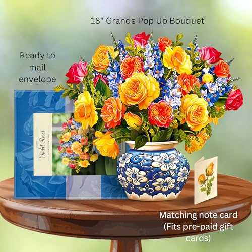 Freshcut Paper Pop Up Cards, Grande Sorbet Roses, 18 Inch Life Sized Forever Flower Bouquet 3D Popup Greeting Card, Birthday Cards, Thank You Card, Blank Notecard & Envelope - Image 3