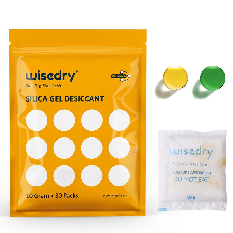 wisedry 10 Gram 30 Packs Silica Gel Desiccant Packets Reusable for Moisture with Color Indicating Rechargeable Small Dessicant Packs Food Grade
