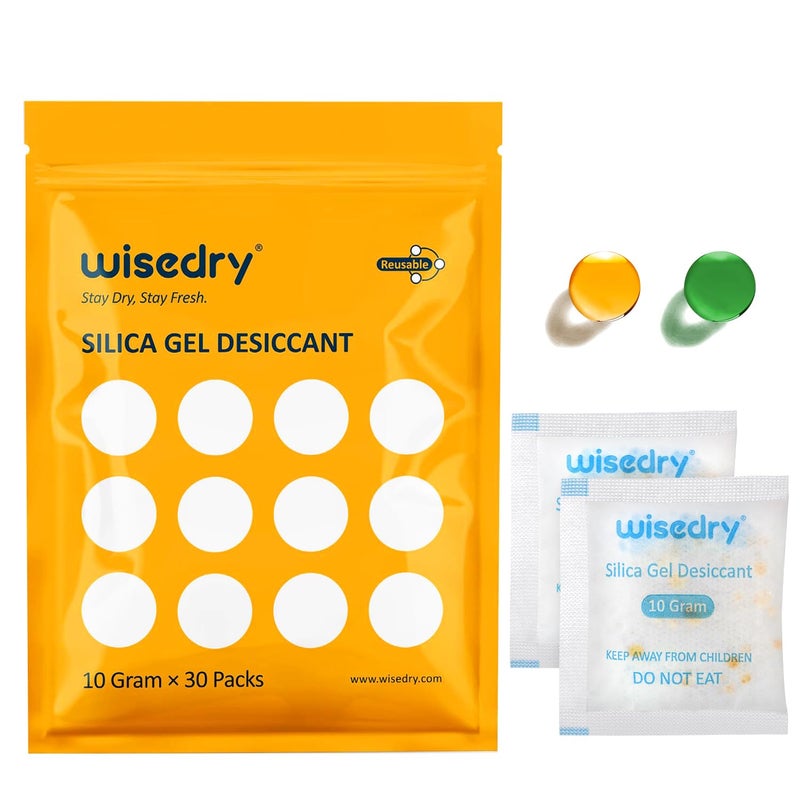 wisedry 10 Gram 30 Packs Silica Gel Desiccant Packets Reusable for Moisture with Color Indicating Rechargeable Small Dessicant Packs Food Grade - Image 3