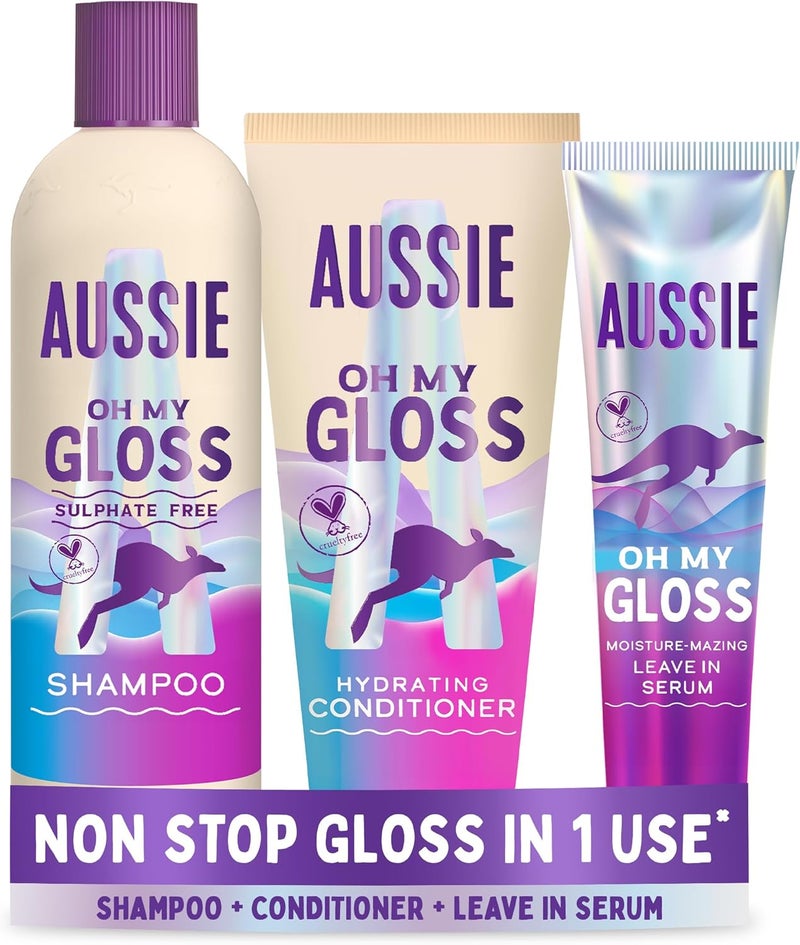 Aussie Oh My Gloss Shampoo Conditioner Set Leave In Serum Hair Treatment 300200160ml Moisture Shine Booster for Dull Hair With Jojoba Safflower Macadamia Nut Oils Vegan CrueltyFree