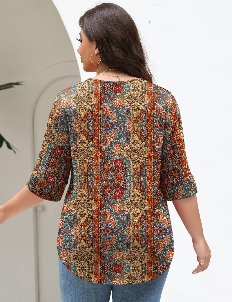 TFSDOD Plus Size Spring Tops Dressy Blouses for Women Bohemian Clothes for Women V Neck 3/4 Sleeve Shirts 2026 Retro Print 4XL - Image 3