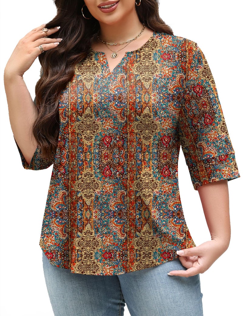 TFSDOD Plus Size Spring Tops Dressy Blouses for Women Bohemian Clothes for Women V Neck 3/4 Sleeve Shirts 2026 Retro Print 4XL - Image 2