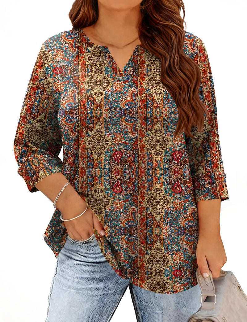 TFSDOD Plus Size Spring Tops Dressy Blouses for Women Bohemian Clothes for Women V Neck 3/4 Sleeve Shirts 2026 Retro Print 4XL - Image 1