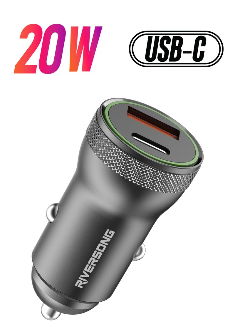 RIVERSONG RIVERSONG Dual Port PD20W And Qc3.0 Car Charger, CC20, Gun Silver  - Image 1
