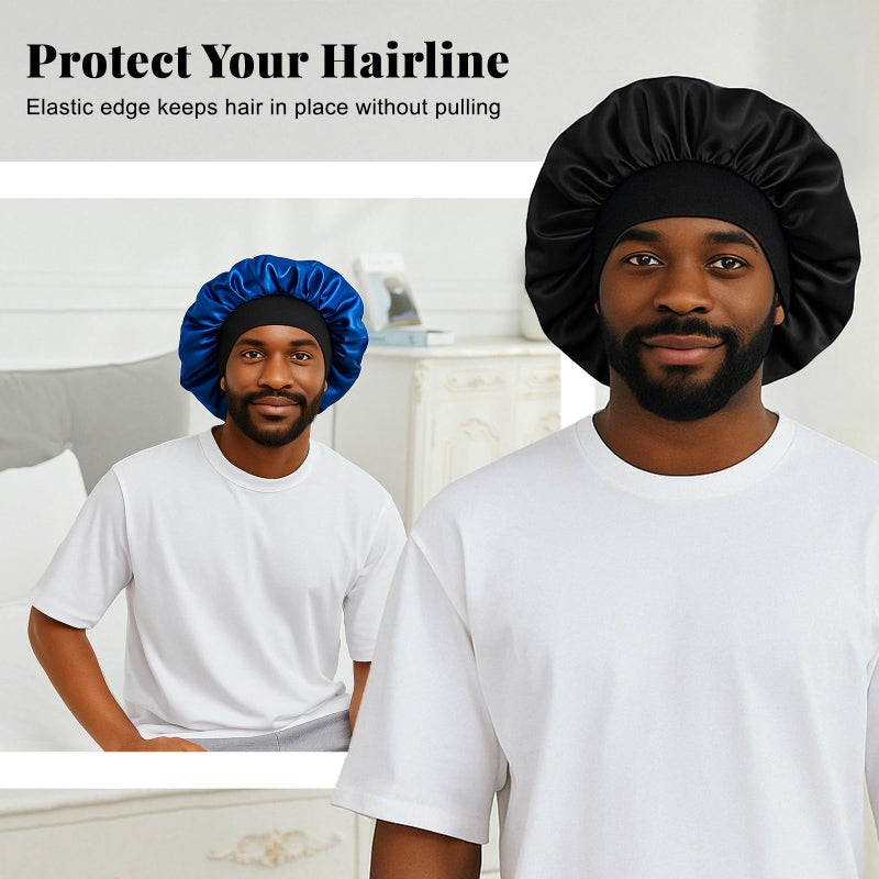 ZHENSILK 2PCS Silk Satin Bonnet for Men Sleeping, Soft Hair Cap for Locs Dreads Braids, Lightweight Night Bonnet for Curly Hair Protection (Black Silver) - Image 2
