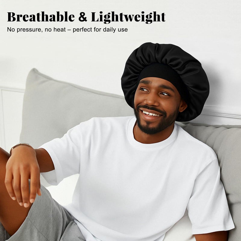 ZHENSILK 2PCS Silk Satin Bonnet for Men Sleeping, Soft Hair Cap for Locs Dreads Braids, Lightweight Night Bonnet for Curly Hair Protection (Black Silver) - Image 4
