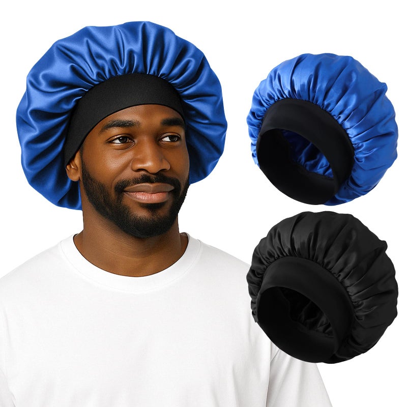 ZHENSILK 2PCS Silk Satin Bonnet for Men Sleeping, Soft Hair Cap for Locs Dreads Braids, Lightweight Night Bonnet for Curly Hair Protection (Black Silver) - Image 1
