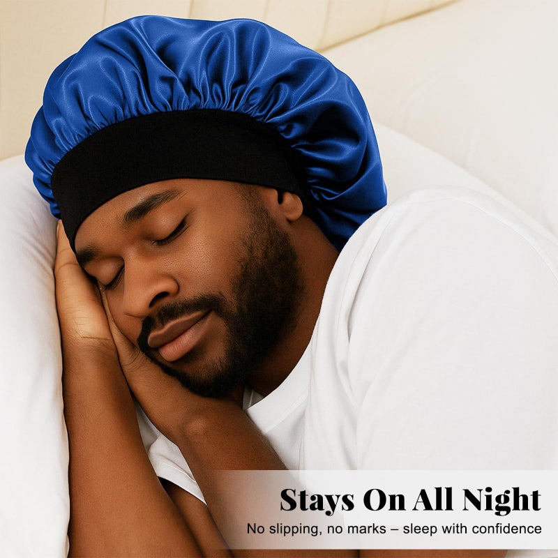 ZHENSILK 2PCS Silk Satin Bonnet for Men Sleeping, Soft Hair Cap for Locs Dreads Braids, Lightweight Night Bonnet for Curly Hair Protection (Black Silver) - Image 3