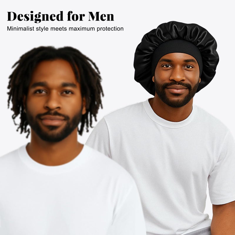 ZHENSILK 2PCS Silk Satin Bonnet for Men Sleeping, Soft Hair Cap for Locs Dreads Braids, Lightweight Night Bonnet for Curly Hair Protection (Black Silver) - Image 5