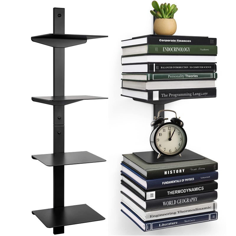 ART-GIFTREE Floating Book Shelves for Wall, 4 Tier Invisible Floating Bookshelf, Vertical Spine Book Tower, Wall Mounted & Space Saving, Heavy Duty Metal Book Organizer for Home Office, 2 Pack Black - Image 1