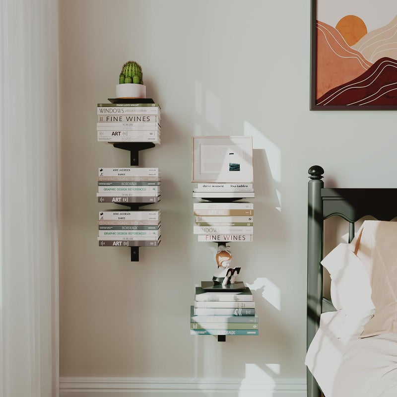 ART-GIFTREE Floating Book Shelves for Wall, 4 Tier Invisible Floating Bookshelf, Vertical Spine Book Tower, Wall Mounted & Space Saving, Heavy Duty Metal Book Organizer for Home Office, 2 Pack Black - Image 3