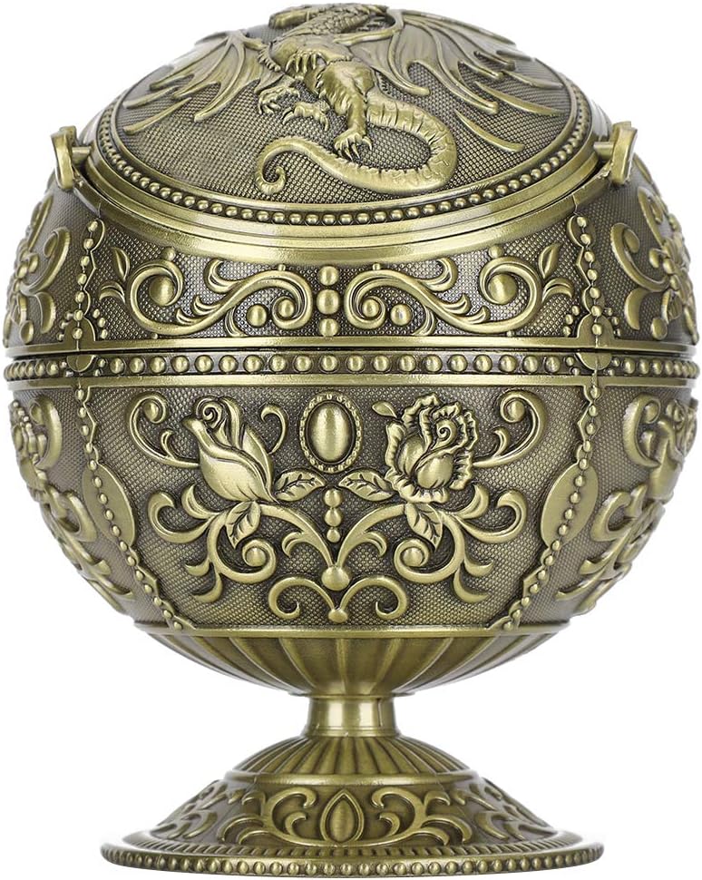 klarako Ashtray Stand Ashtray, Vintage Windproof Ashtray with Lid, Hand Stamped Dragon Pattern Cigarettes Ashtray for Home Club Room Hotel - Image 3