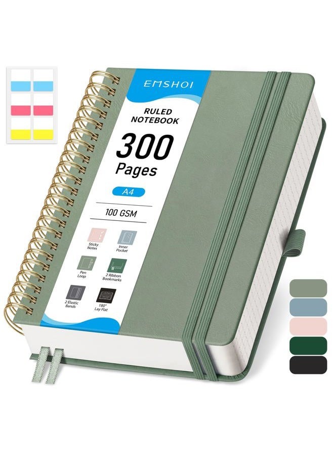 EMSHOI Spiral Notebook College Ruled, 300 Numbered Pages, A4 Large Hardcover Leather, 100 GSM Thick Lined Journal for Women Men Work Writing Journaling Note Taking, 8.27" x 11.2", Light Green - Image 1