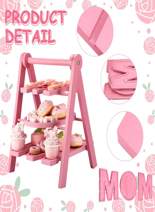 Novabright Mother's Day Serving Tray and Platters, 3 Tier Foldable Wooden Cupcake Stand, 7.8''/9.8''/11.4'' Pink Heart Mom Letter Charcuterie Board Serving Plate for Food Display, Party Decor Mom Gift - Image 5